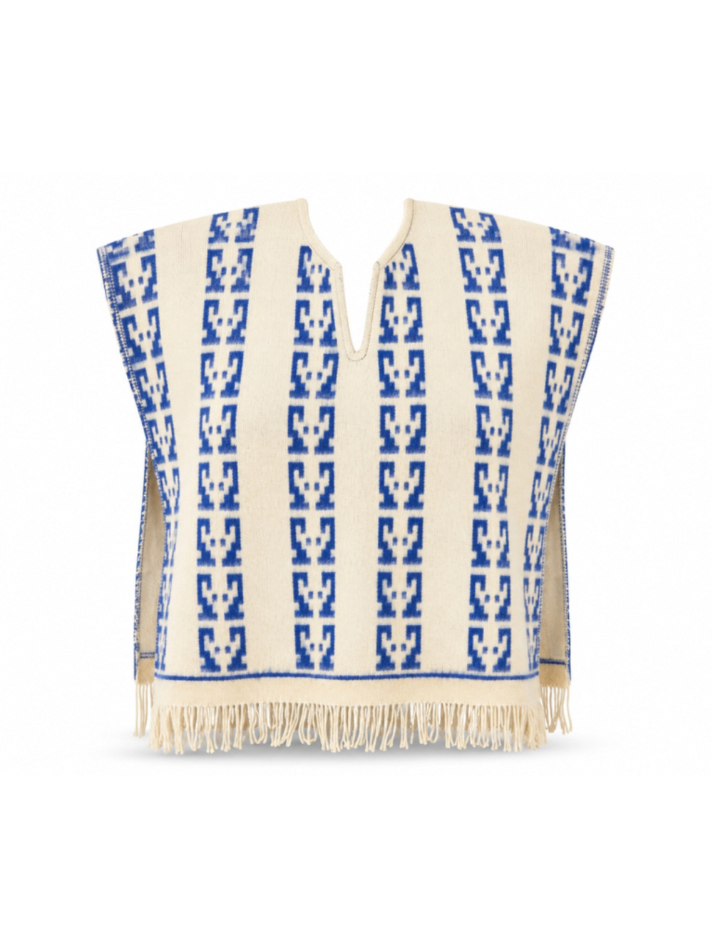 Vintage La Luz S.A. Peruvian Alpaca Wool Poncho Blue/Cream Fringe Adult Unisex - Picture 1 of 6